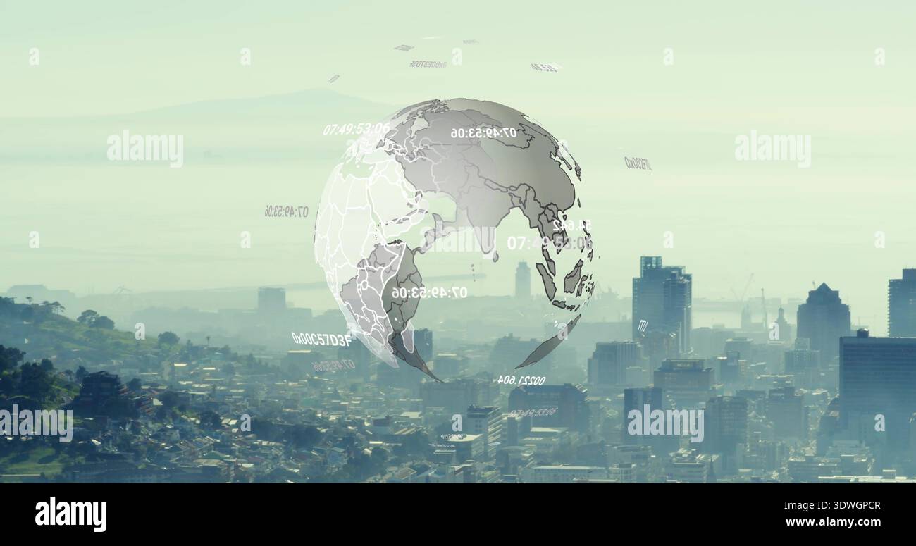 Floating translucent holographic globe projecting timecode overlays over city skyline with cranes Stock Photo