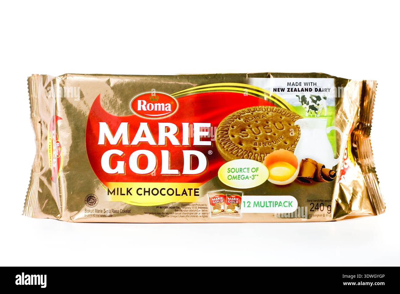 close up a pack of Roma Marie Gold milk chocholate biscuits isolated on white background Stock Photo