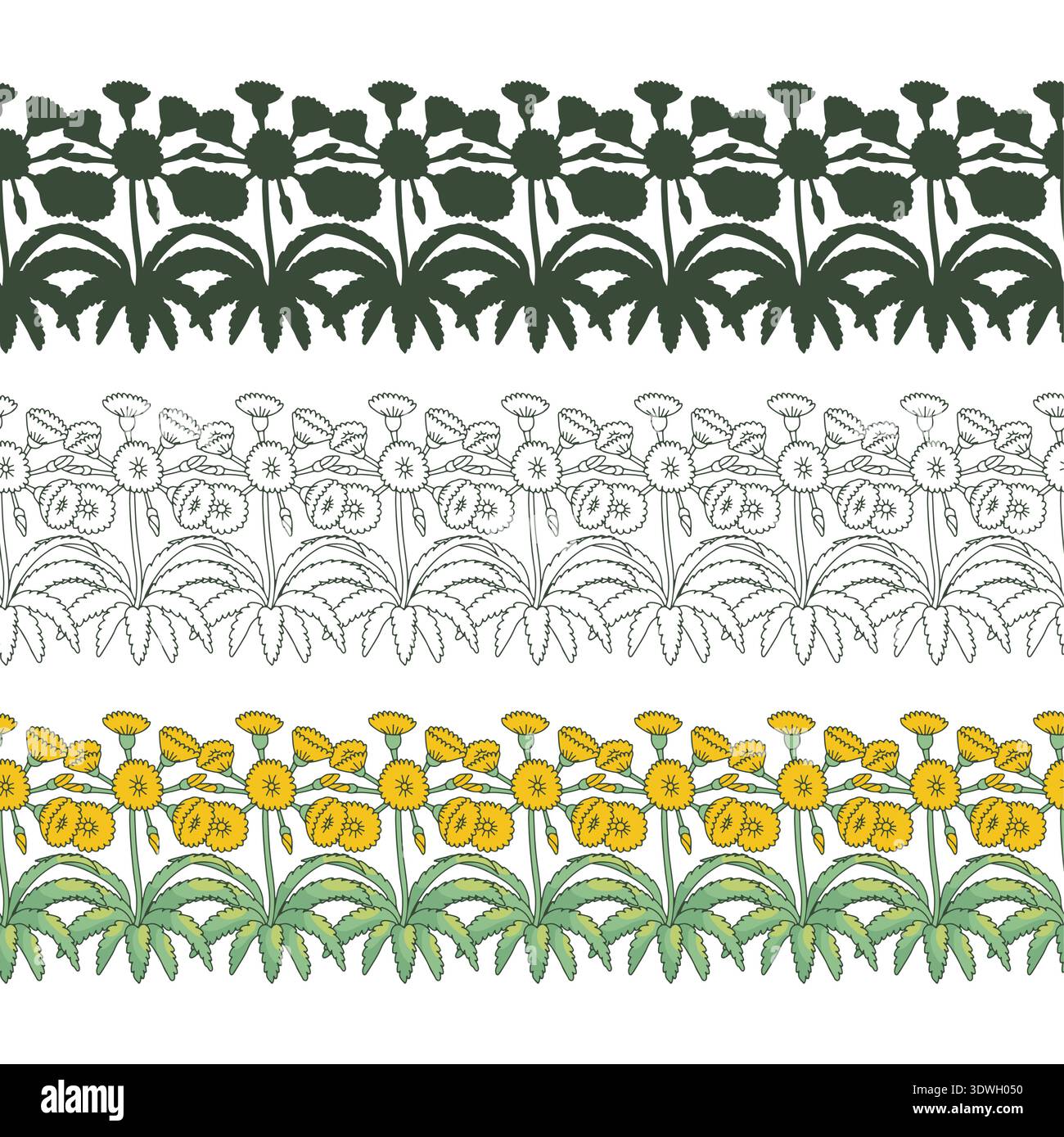 Set of stripe patterns with line art canary islands flowers Tree ...
