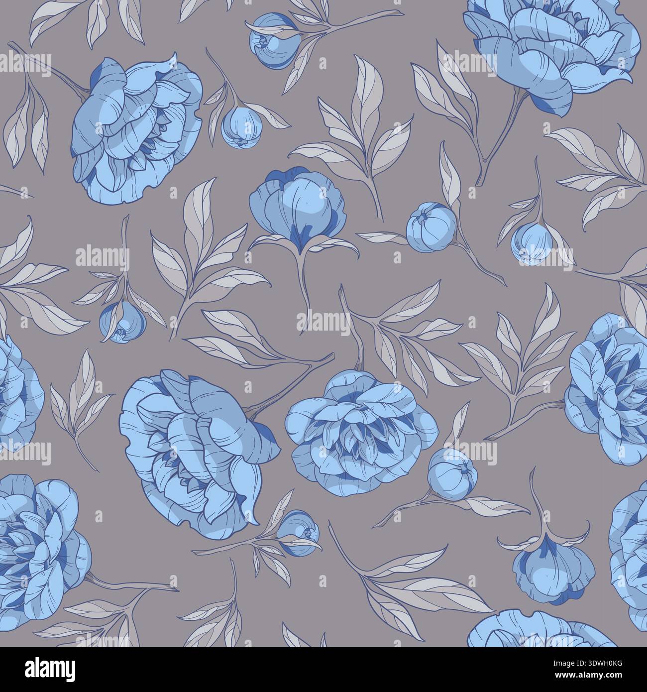 seamless pattern with flowers of blue peonies, with gray leaves on a gray background. vector illustration Stock Vector
