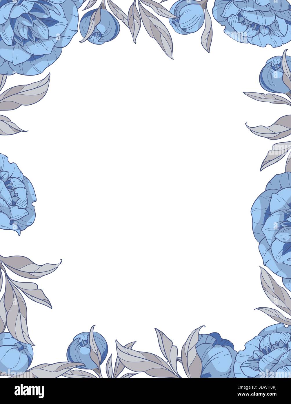square frame with blue peonies flowers, Hand drawn vector illustration Stock Vector