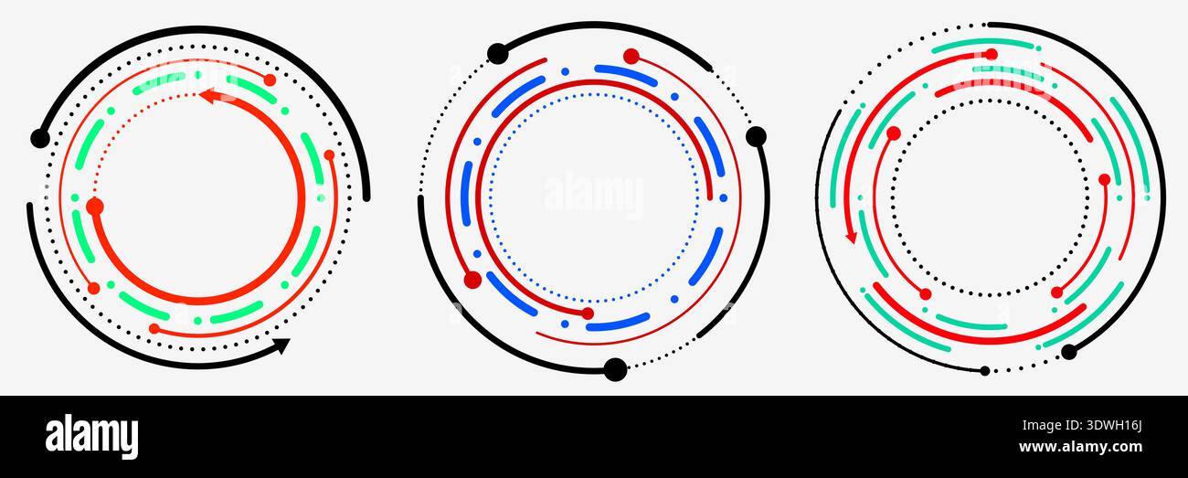 Modern digital interface elements showcasing three abstract circular circuits with arrows and dots to data flow and system processing for high tech UI Stock Vector
