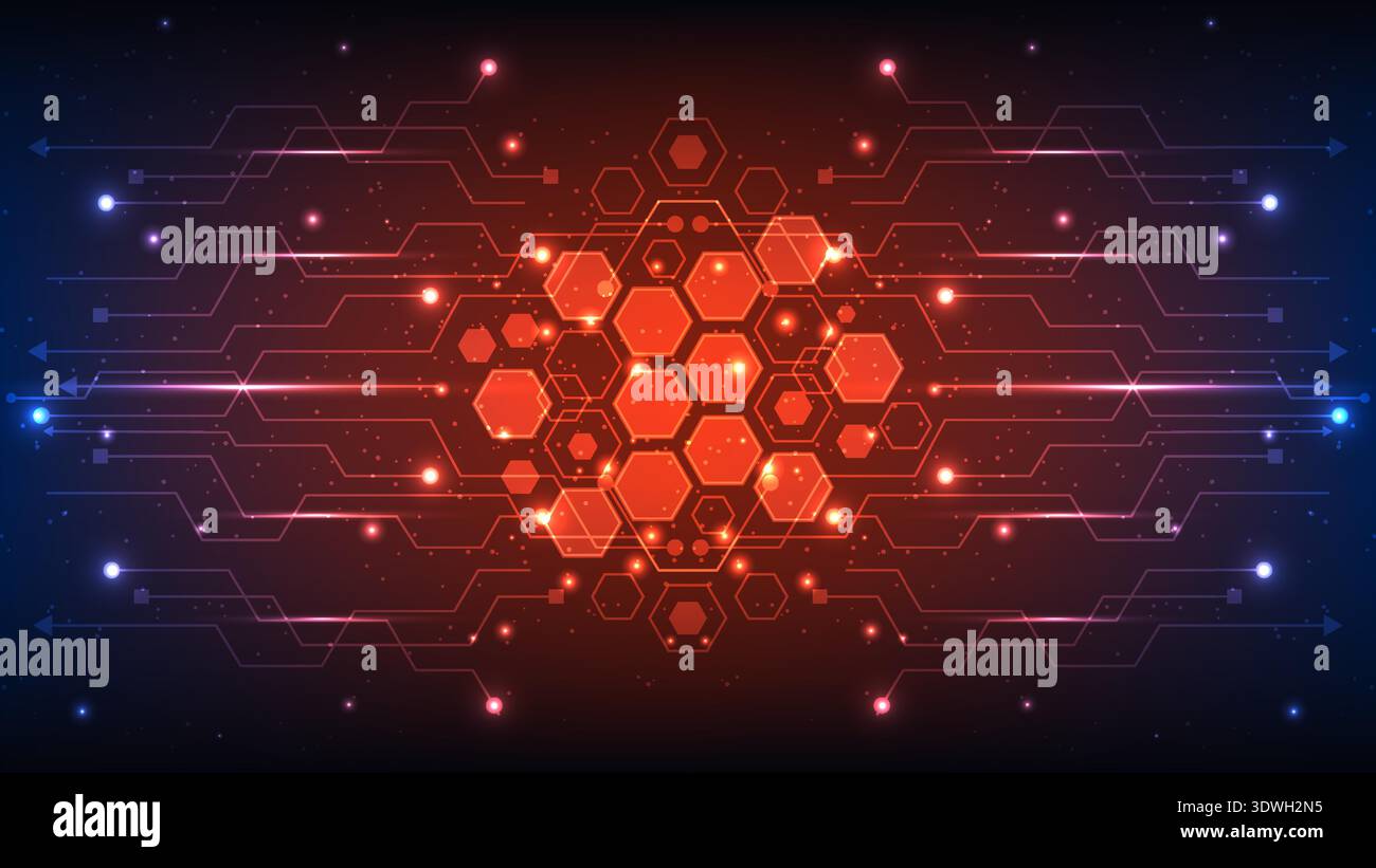 dynamic abstract digital background glowing red hexagons and circuit lines on dark gradient global data connects futuristic technology networks digita Stock Vector