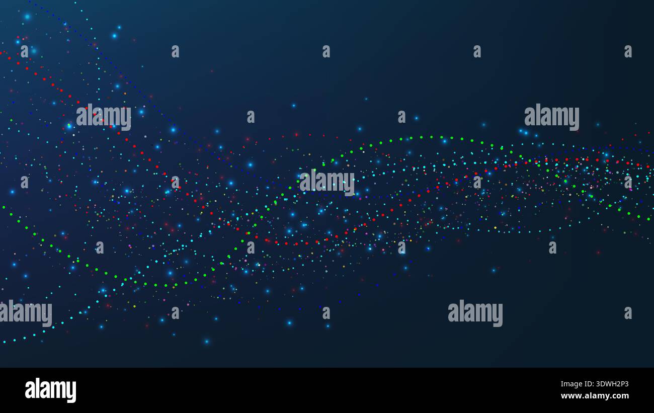 Abstract digital wave of glowing multi colored particles flowing on dark blue background, high tech data motion and futuristic energy network creative Stock Vector