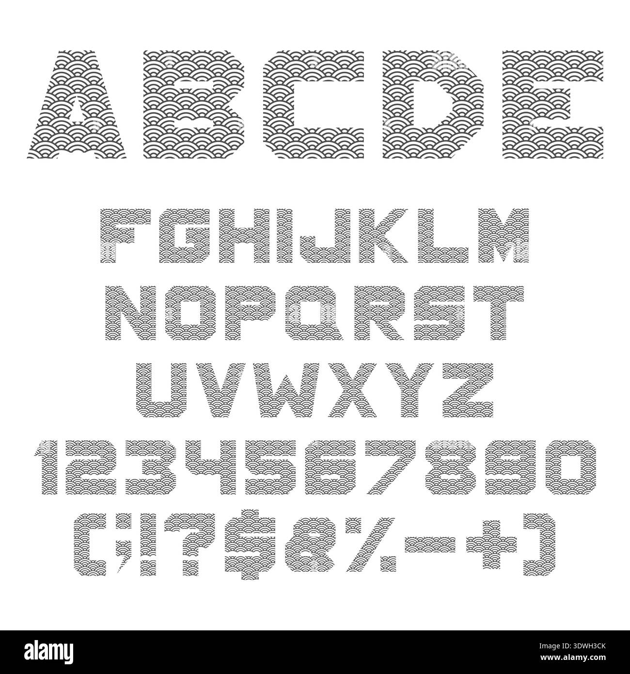 Font, alphabet with chinese waves. Isolated vector objects on white background. Stock Vector