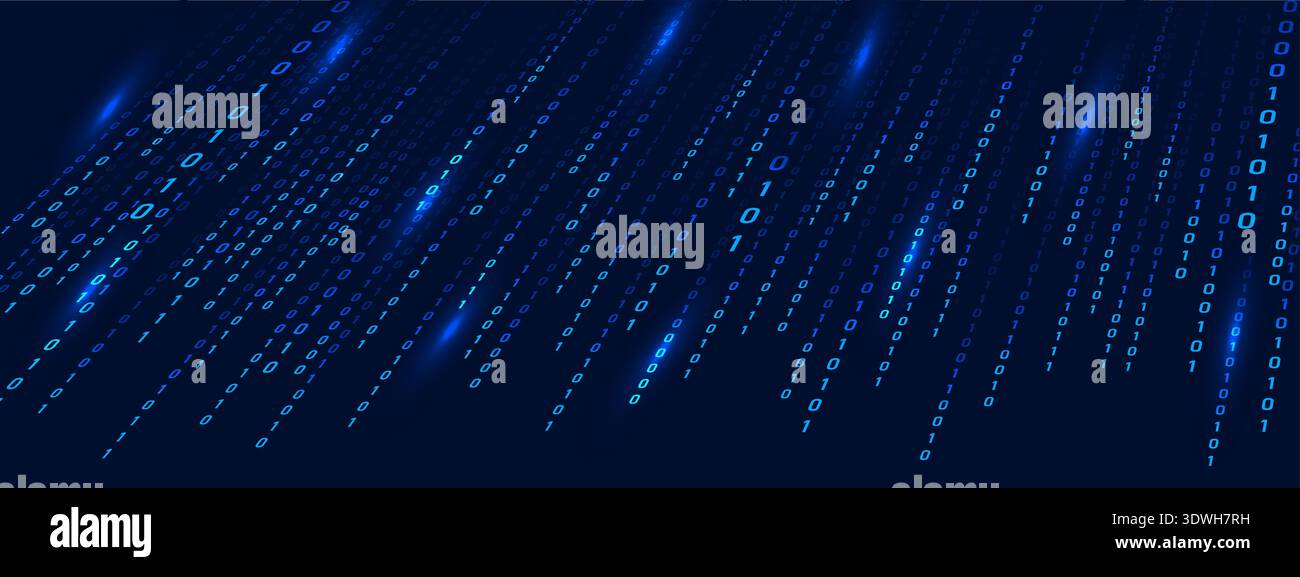 Blue and abstract background with binary code Rain. Computer technology. Matrix information with cyber security in futuristic style and science Stock Vector