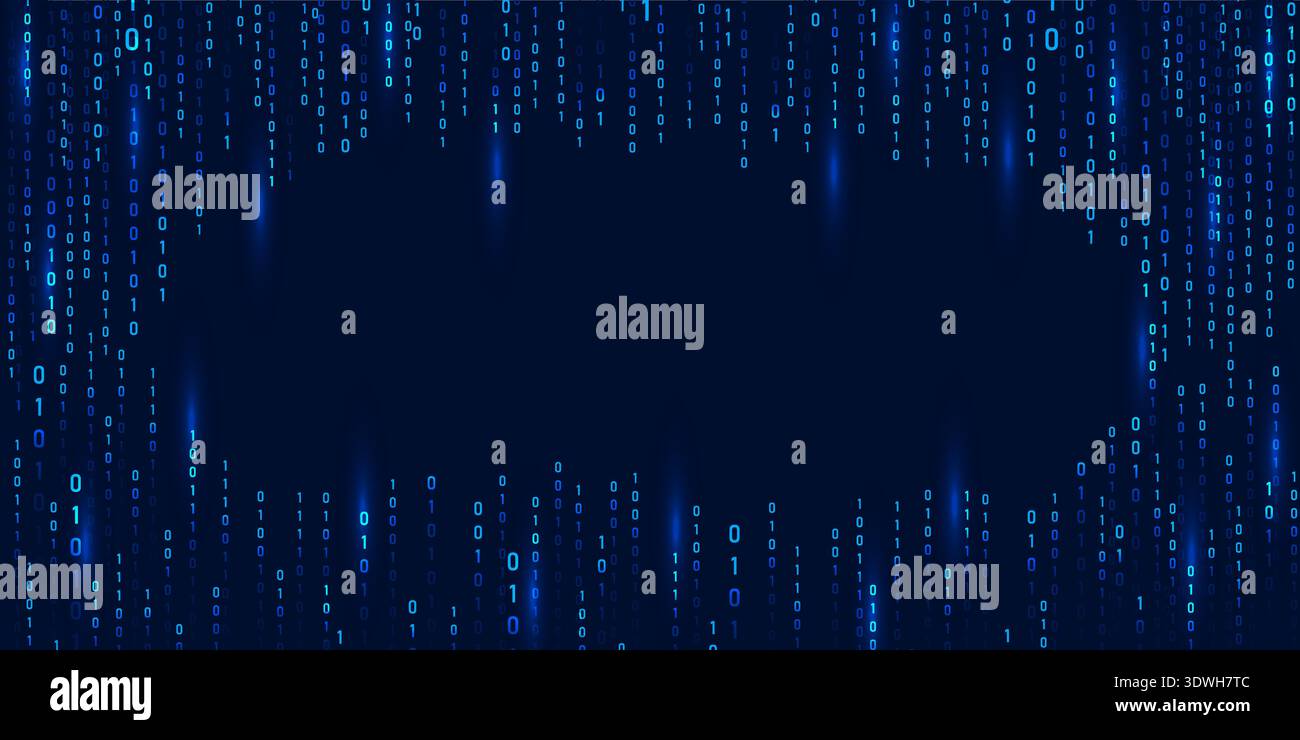 Abstract binary code Rain in blue. Computer technology matrix and background. Cyber security information and futuristic depth for science fiction or Stock Vector