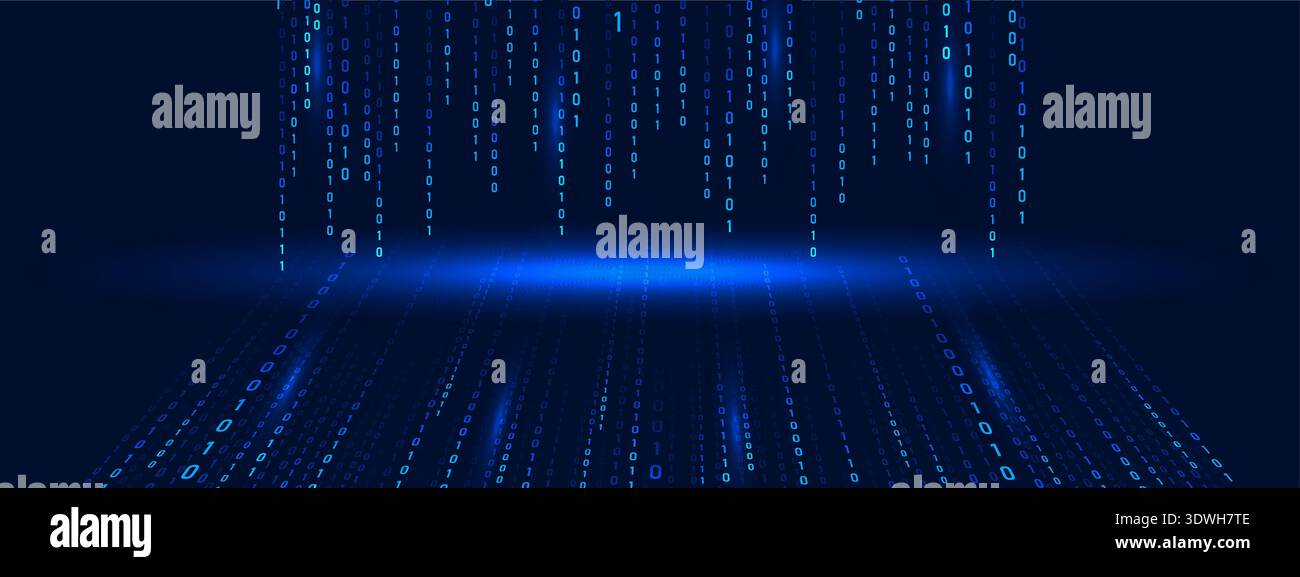 Futuristic binary code Rain in blue. Abstract matrix and computer background. Technology and security information with cyber depth and science fiction Stock Vector