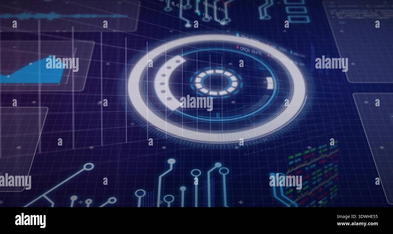 Displaying circular HUD rotating with rings on dark-blue grid with polygon chart and code blocks Stock Photo