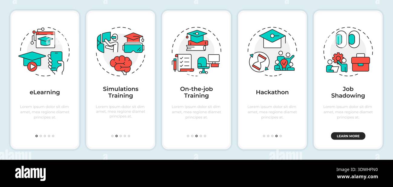 Five common training methodologies onboarding mobile app screen Stock Vector