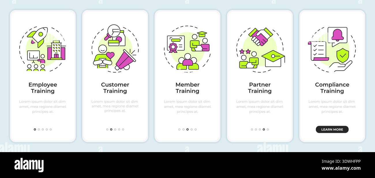 Five types of professional training onboarding mobile app screen Stock Vector