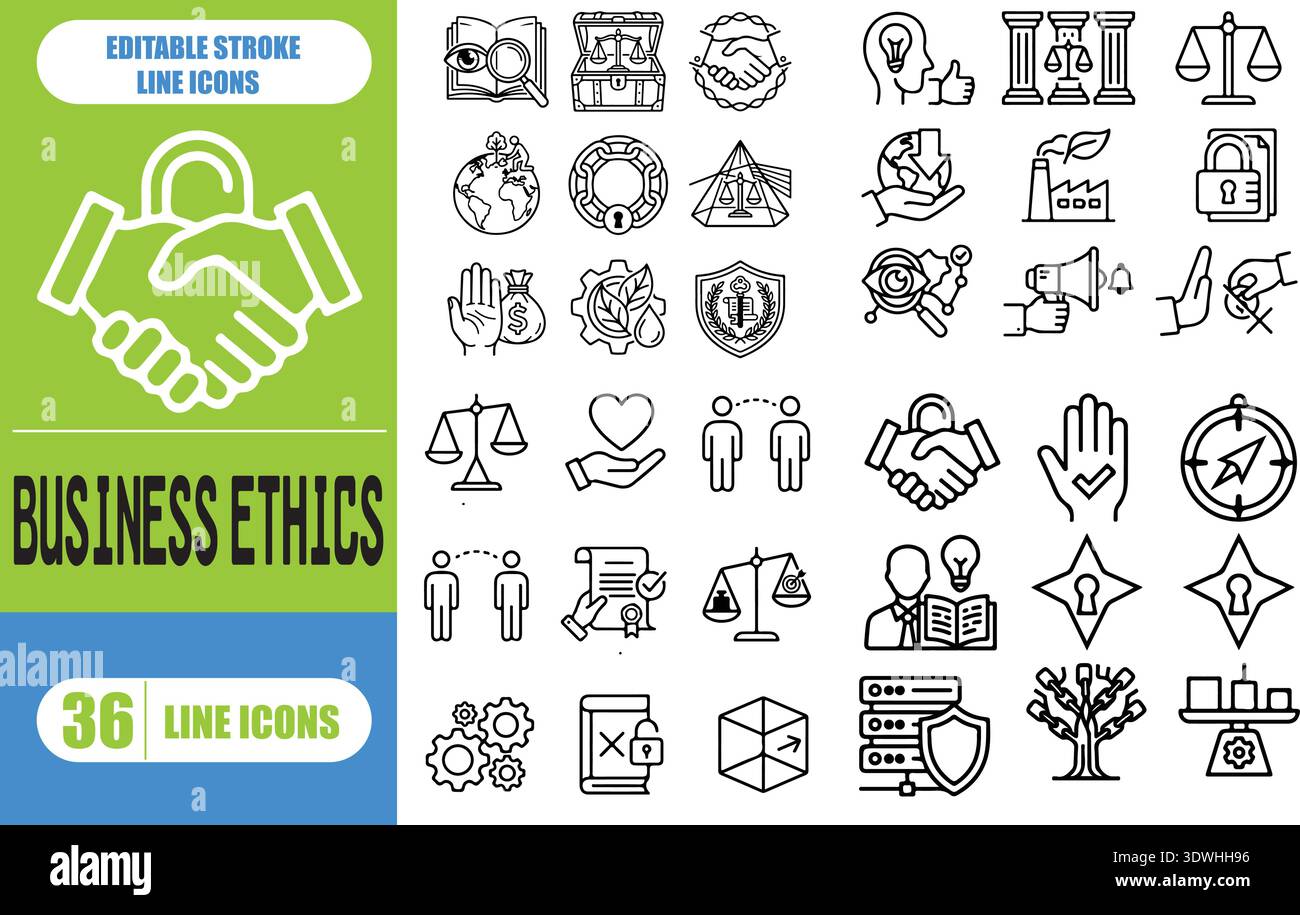 Business ethics icon set. Compliance, fairness, integrity, loyalty ...