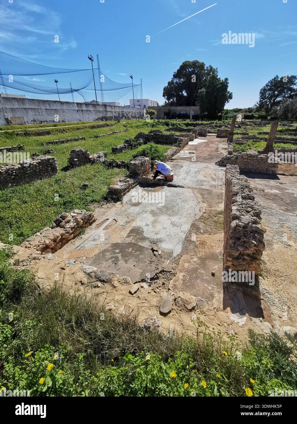 Roman ruins and ancient mosaics at Pupput Archaeological Site in Hammamet, Tunisia, showcasing the abandoned heritage from the region’s classical past. - Smartphone Captured Stock Image