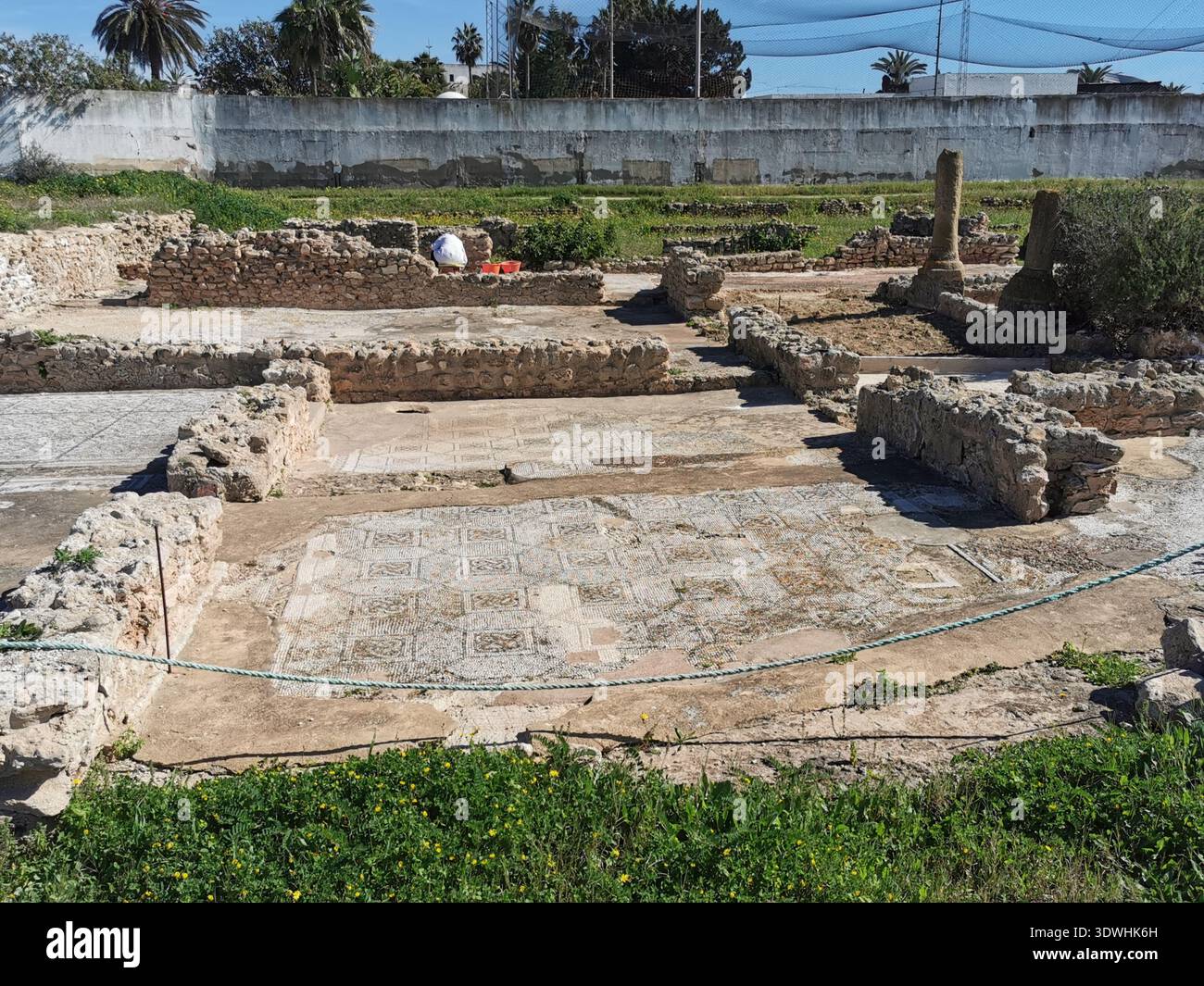 Roman ruins and ancient mosaics at Pupput Archaeological Site in Hammamet, Tunisia, showcasing the abandoned heritage from the region’s classical past. - Smartphone Captured Stock Image