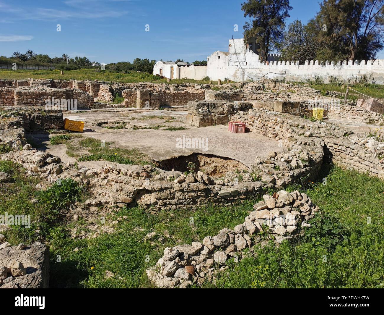 Roman ruins and ancient mosaics at Pupput Archaeological Site in Hammamet, Tunisia, showcasing the abandoned heritage from the region’s classical past. - Smartphone Captured Stock Image