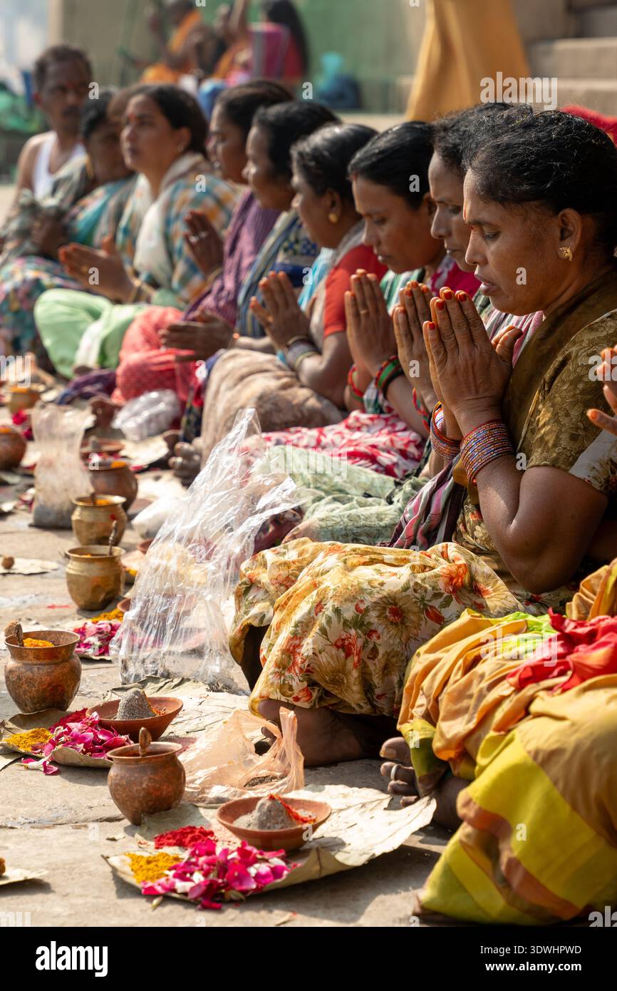 Group of Indian women in Varanasi performing a traditional ritual with ...