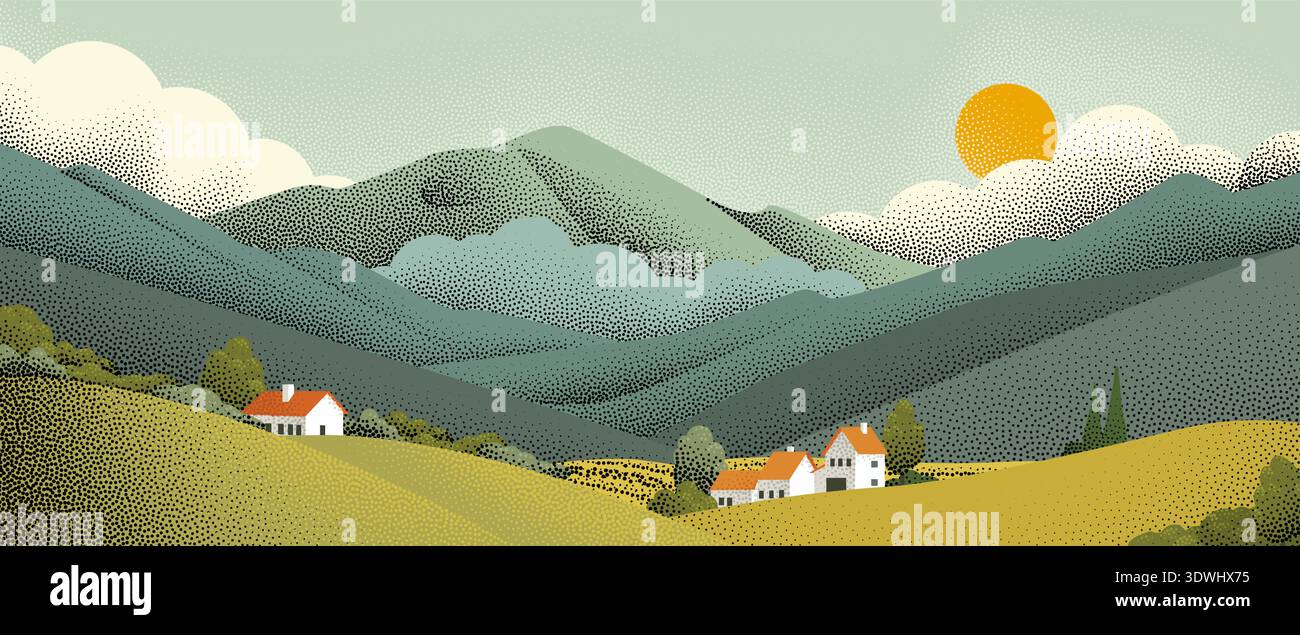 Fields Rolling Hills Farm Landscape Background Stock Vector