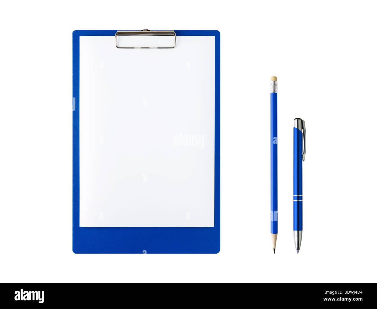 Blue clipboard with blank white paper, wooden graphite pencil and ballpoint pen isolated on white background. Office supplies set in blue. Stock Photo