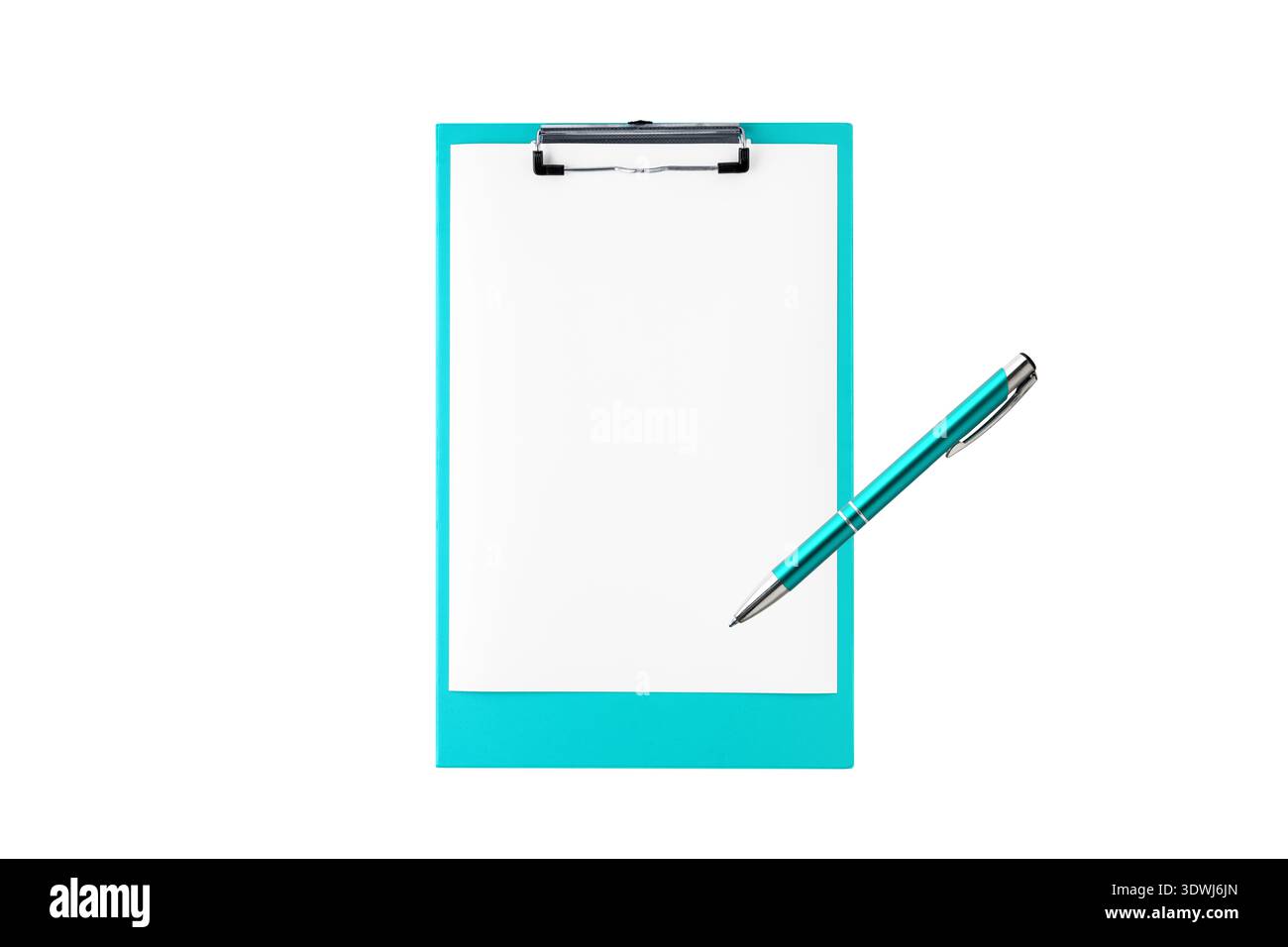 Blue green clipboard with blank white A4 paper and pen isolated on ...