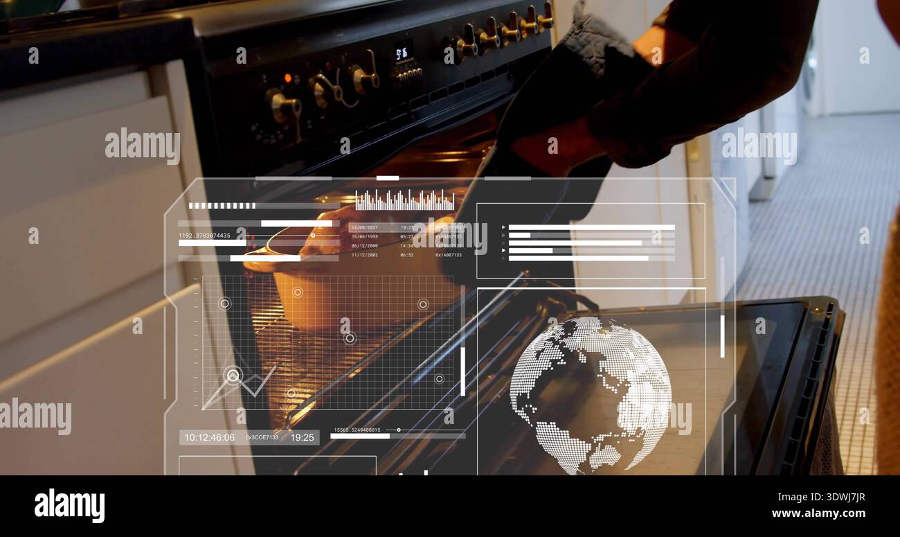 Removing dark-sleeved arm with black oven mitt pulling pot from oven in kitchen, with HUD graphics Stock Photo