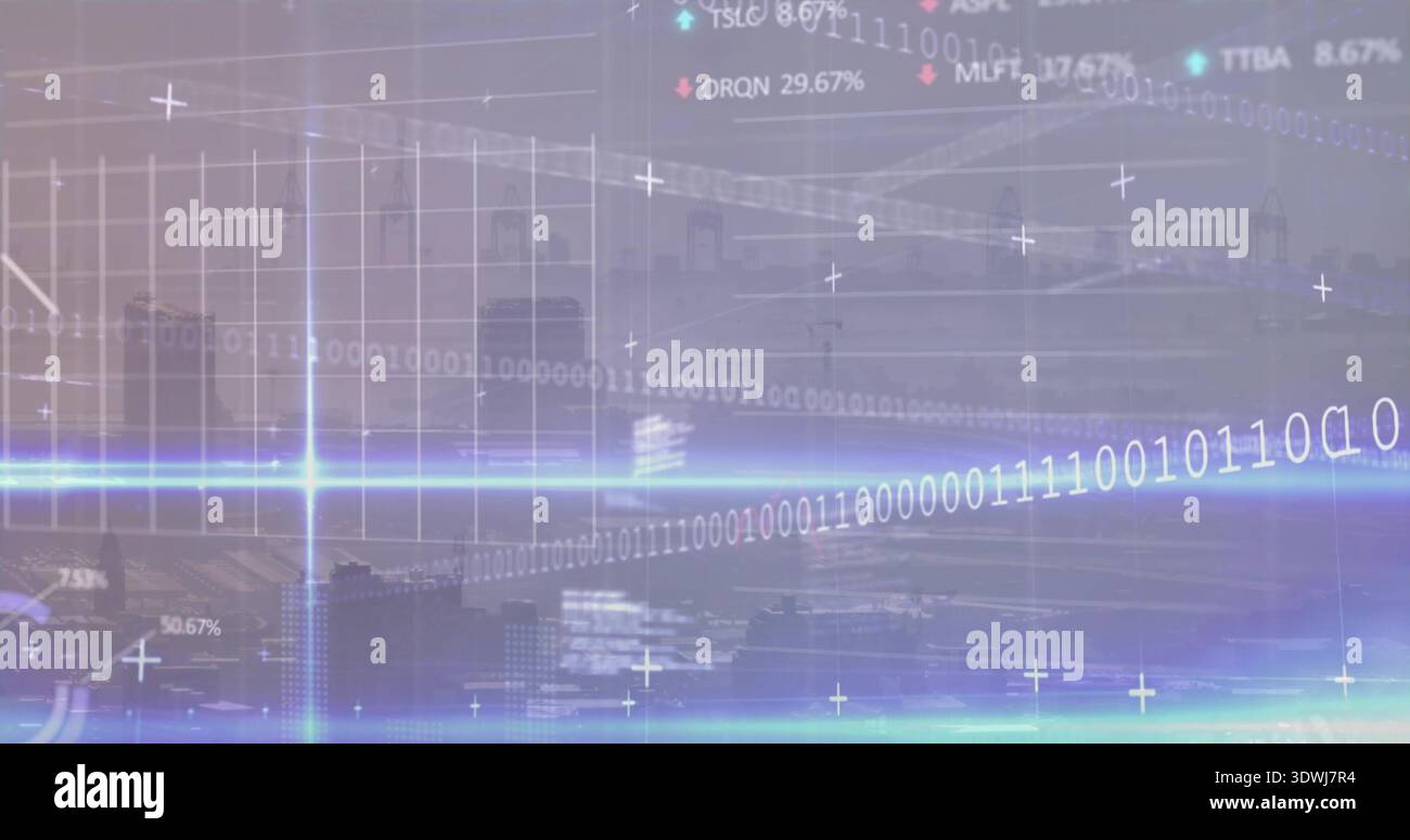 Displaying digital data overlay over skyline, with binary stream, glowing band, chart gridlines Stock Photo
