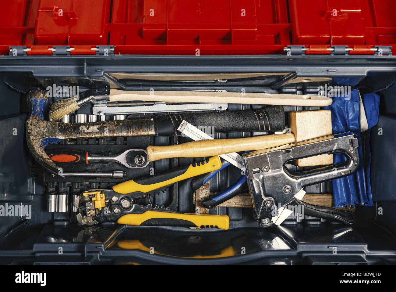 Set of working tools in tool box, top view. Do It Yourself Stock Photo