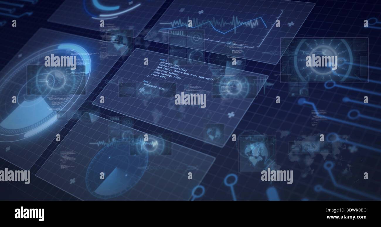 Floating translucent blue panels hovering on dark grid plane, showing radar, charts and code Stock Photo
