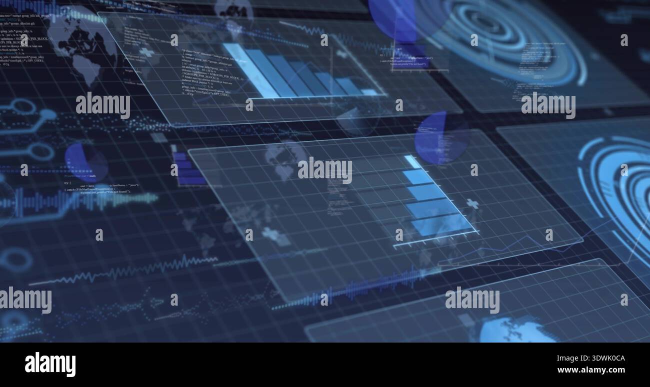 Displaying translucent data panels in 3D dashboard, showing bar charts ...