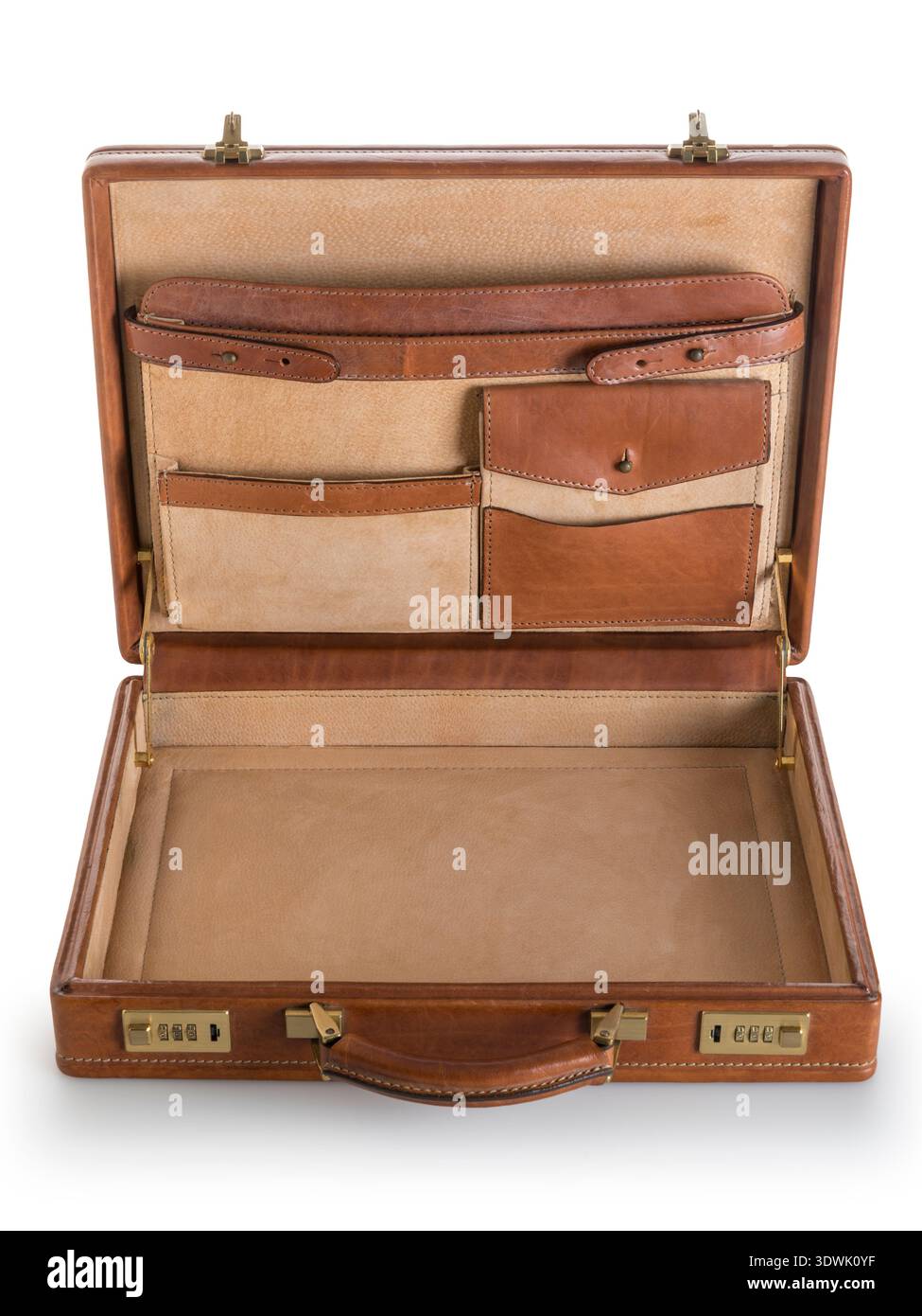 Opened leather briecase isolated on white background Stock Photo