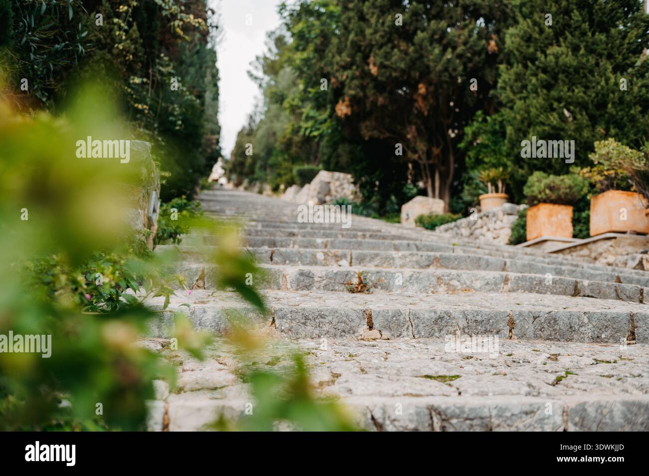 Low angle view of El Calvari steps in Pollença, Mallorca Stock Photo