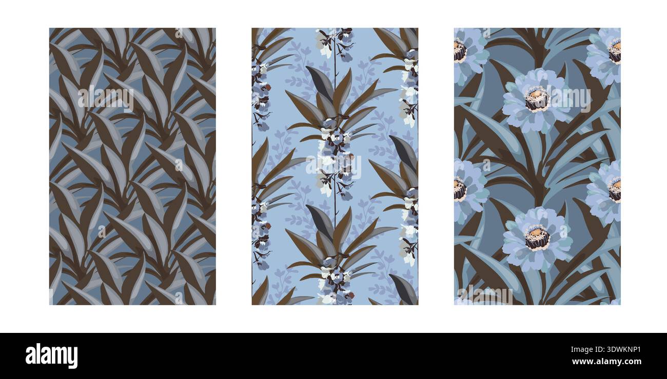 Three vertical vector floral seamless patterns Stock Vector