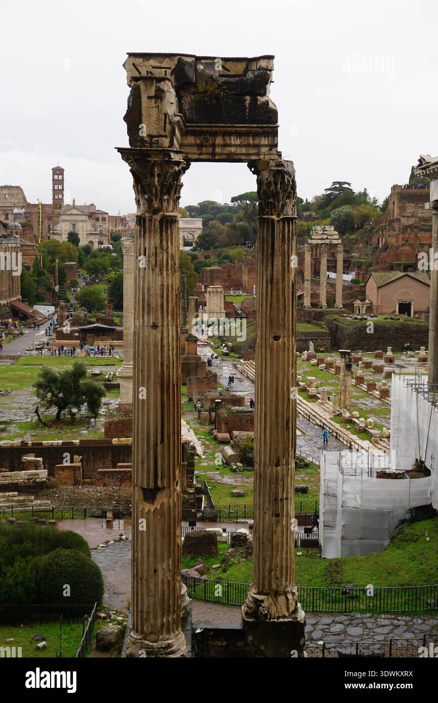 The three Corinthian columns of the Temple of Castor and Pollux are a ...