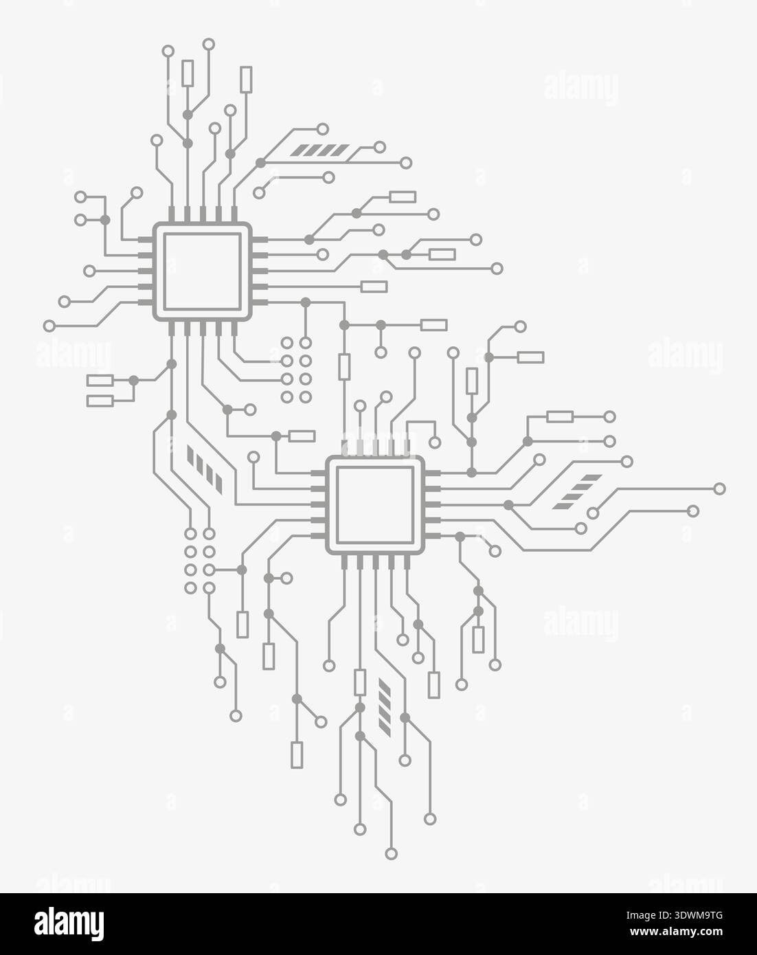 Circuit board digital abstract elements. Computer motherboard with a AI chip, processor, and semiconductors. Technology background. Stock Vector