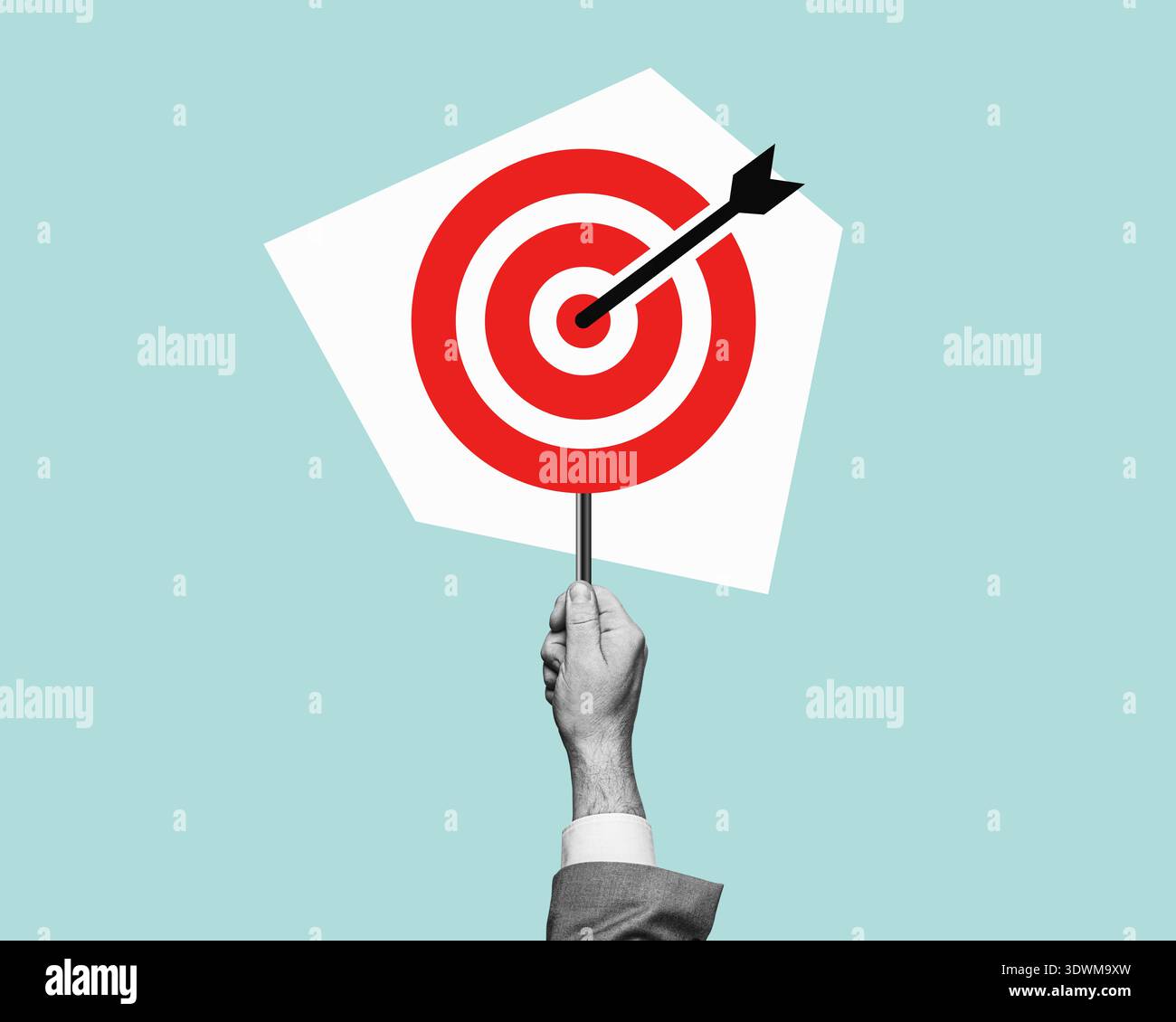 Warning sign. Hand holding a target icon with arrow in center ...