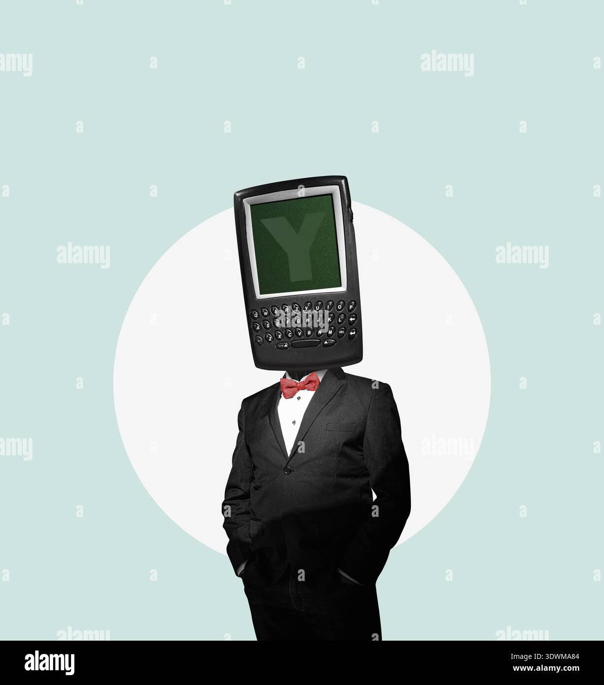Art collage, computer, old mobile phone screen on man as had, artificial intelligence. Stock Photo