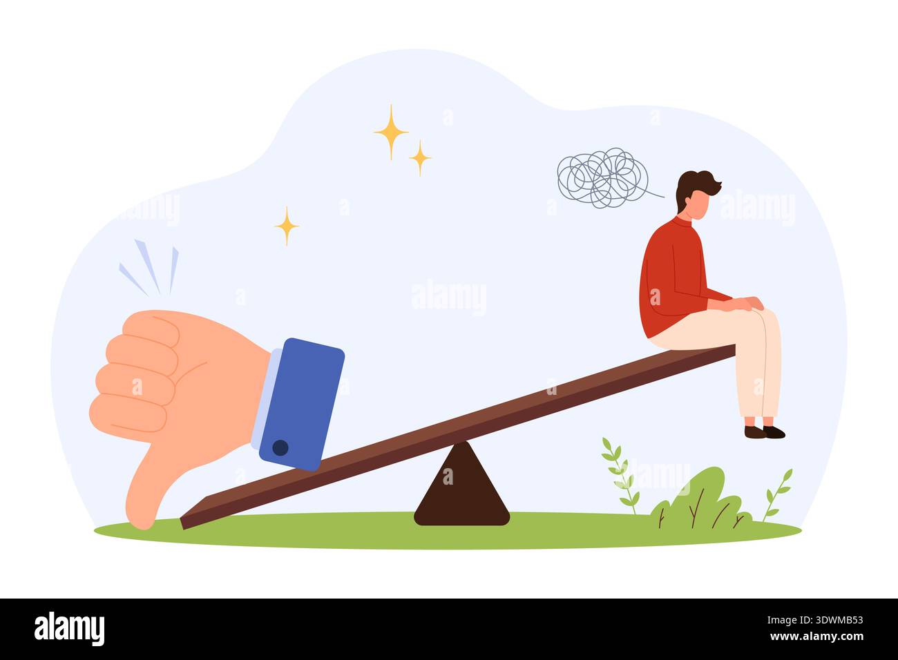 Sad man on seesaw outweighed by large thumbs down symbol, representing ...