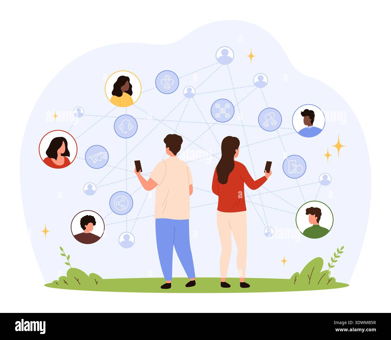 Two people using smartphones surrounded by digital avatars, icons, and ...