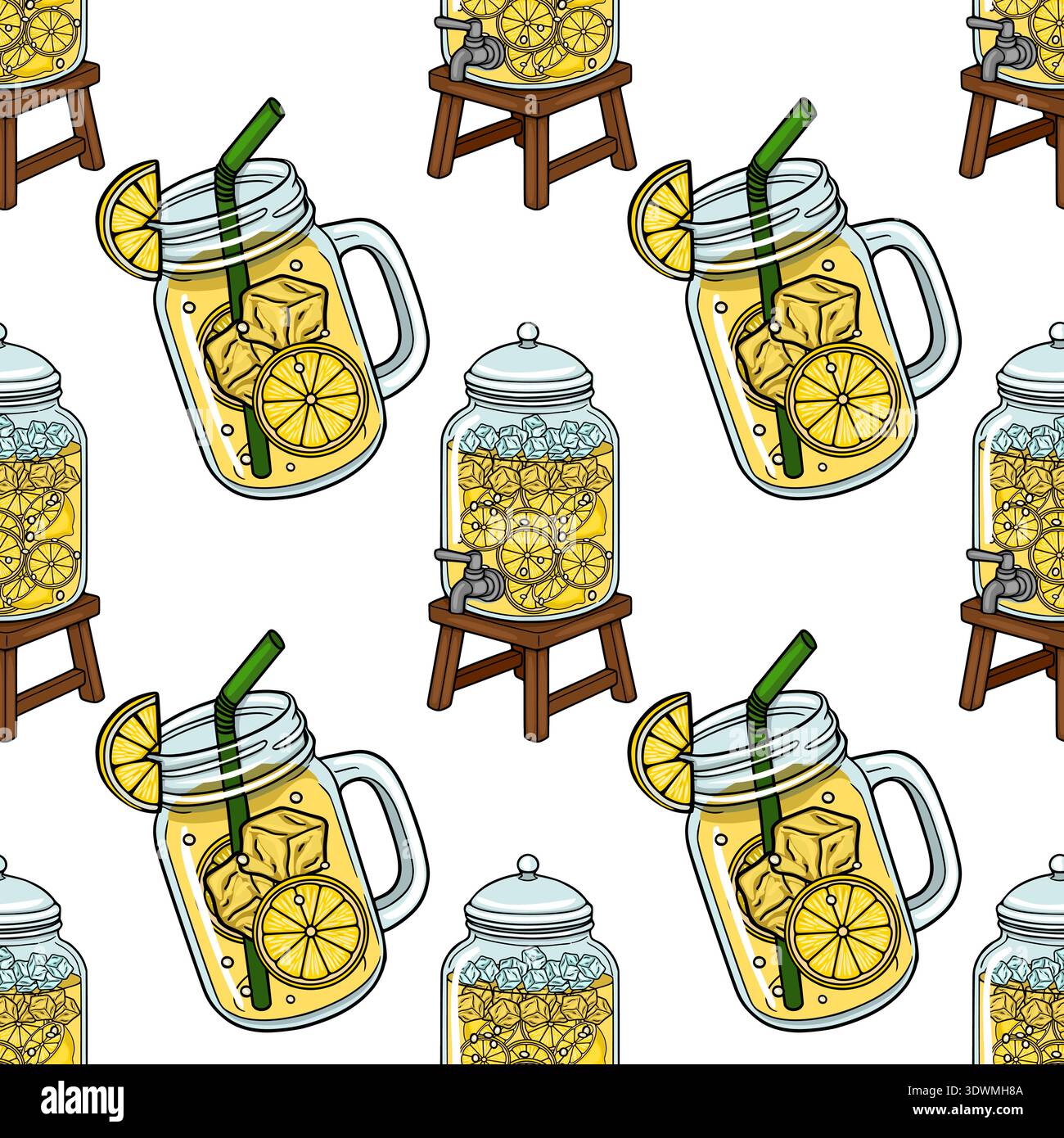 Refreshing lemonade vector seamless pattern with mason jars and dispensers Stock Vector