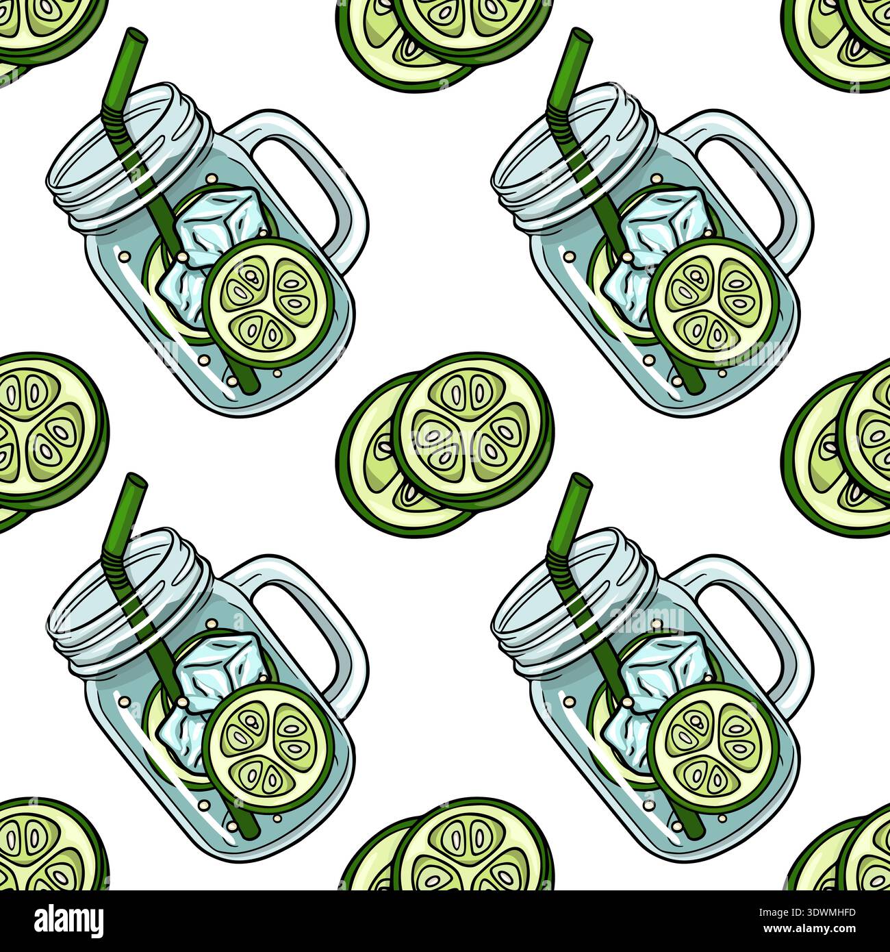 Refreshing cucumber lemonade in mason jar vector pattern with ice and straw Stock Vector