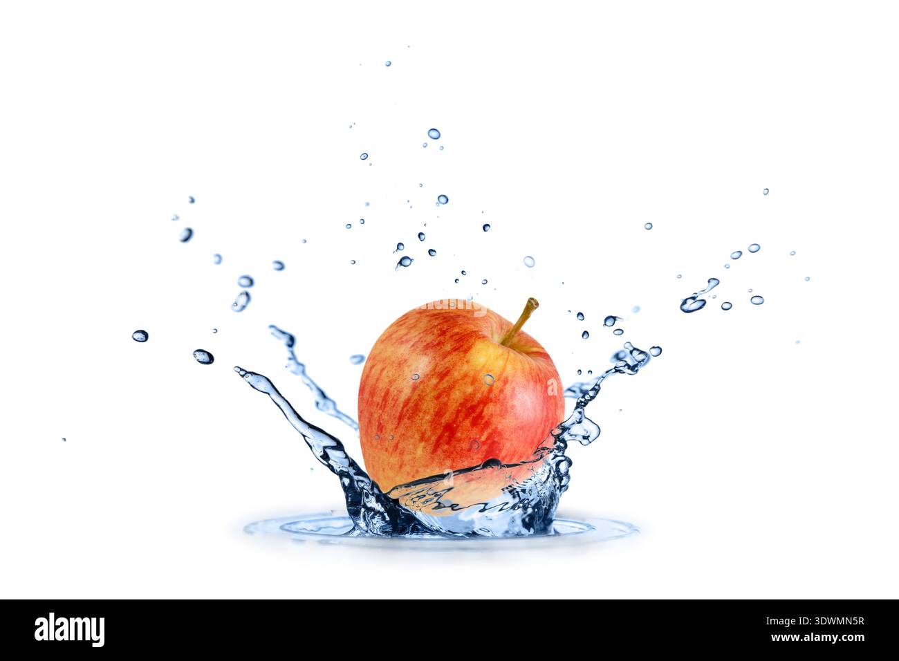 Fresh red yellow apple flying falling in splashing water isolated on white background. Stock Photo