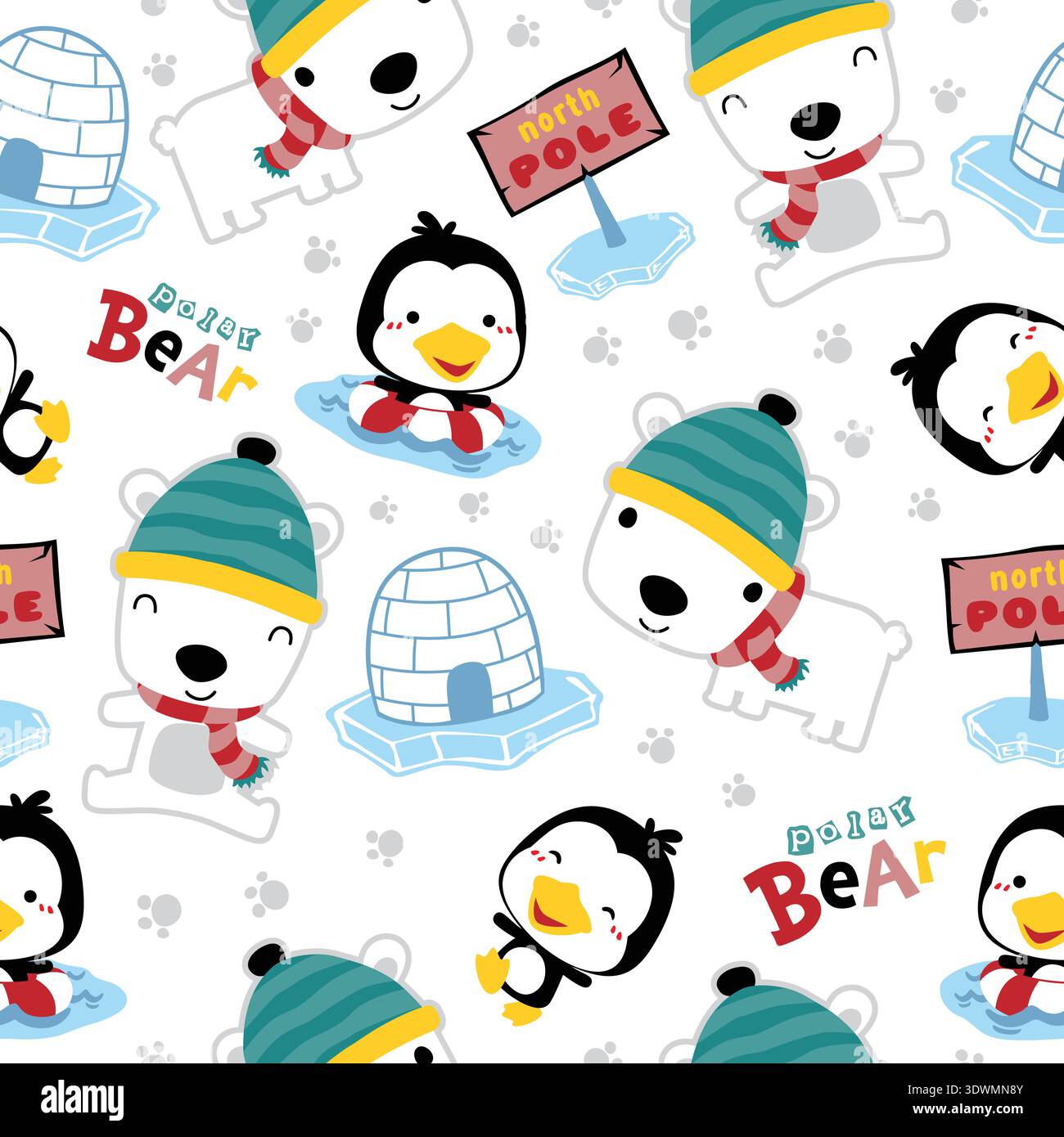 Seamless pattern of polar bears and penguins in arctic scene. Stock Vector