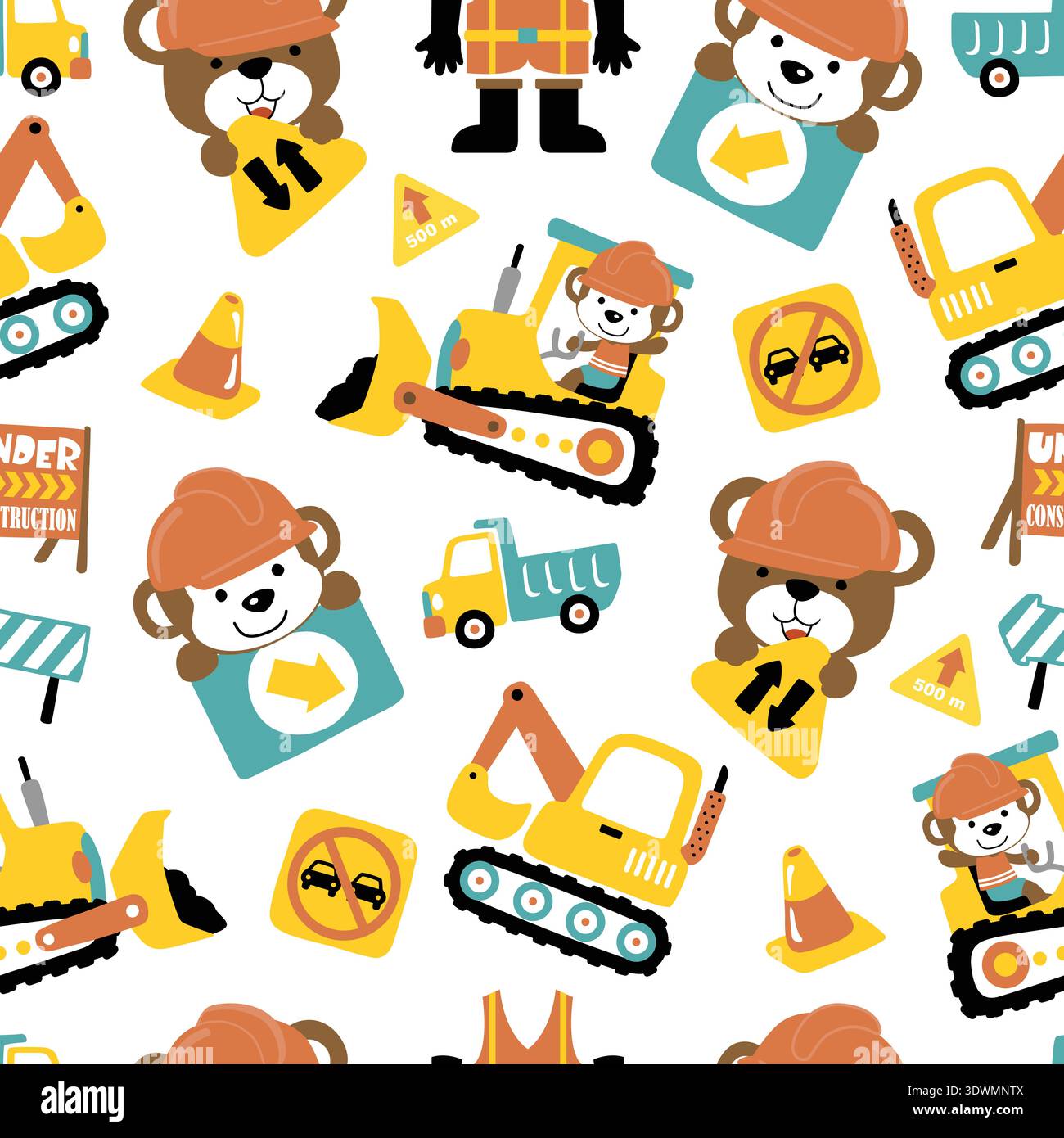 Seamless pattern of bear and monkey operating construction vehicles. Stock Vector