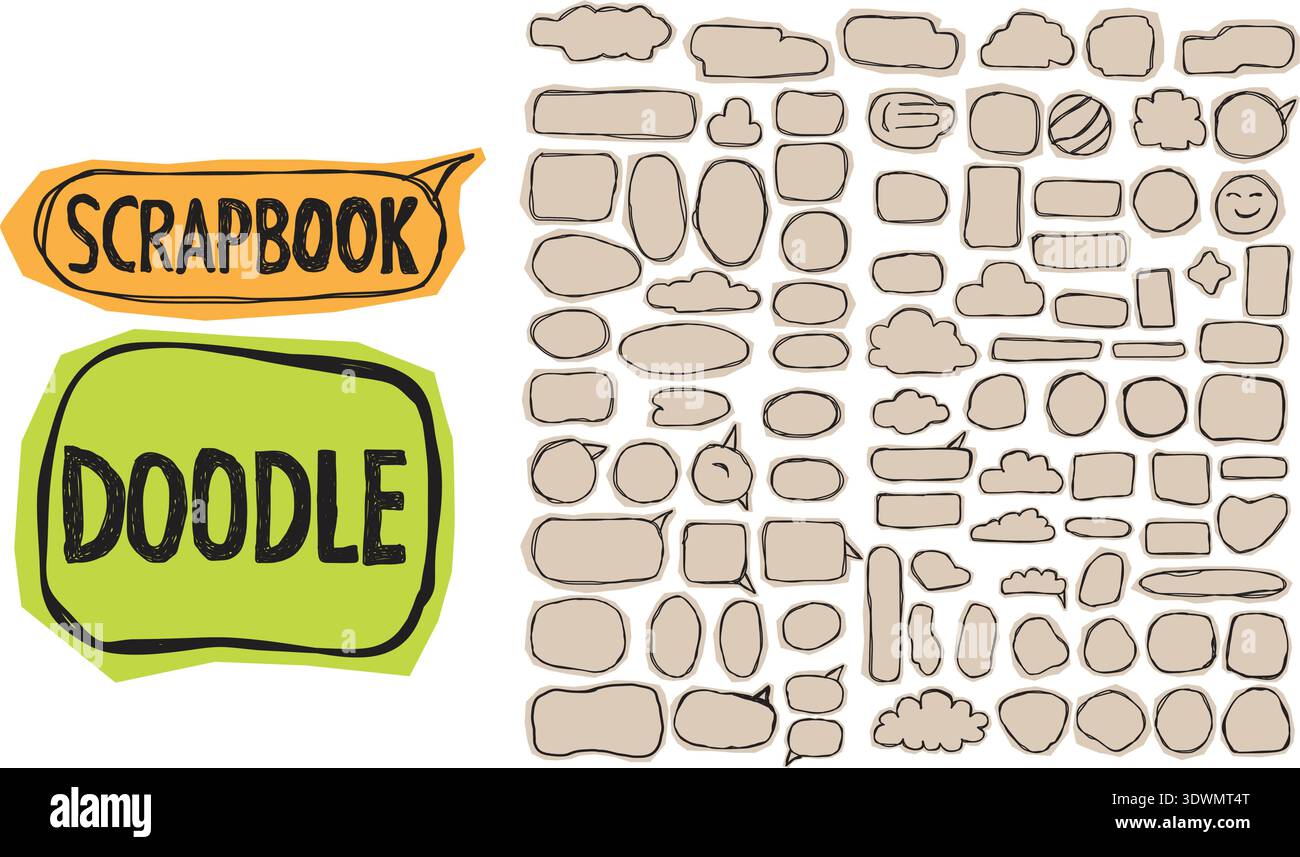 Scrapbook Doodle Collection with Hand‑Drawn Speech Bubbles, Shapes, and Creative Elements. Stock Vector