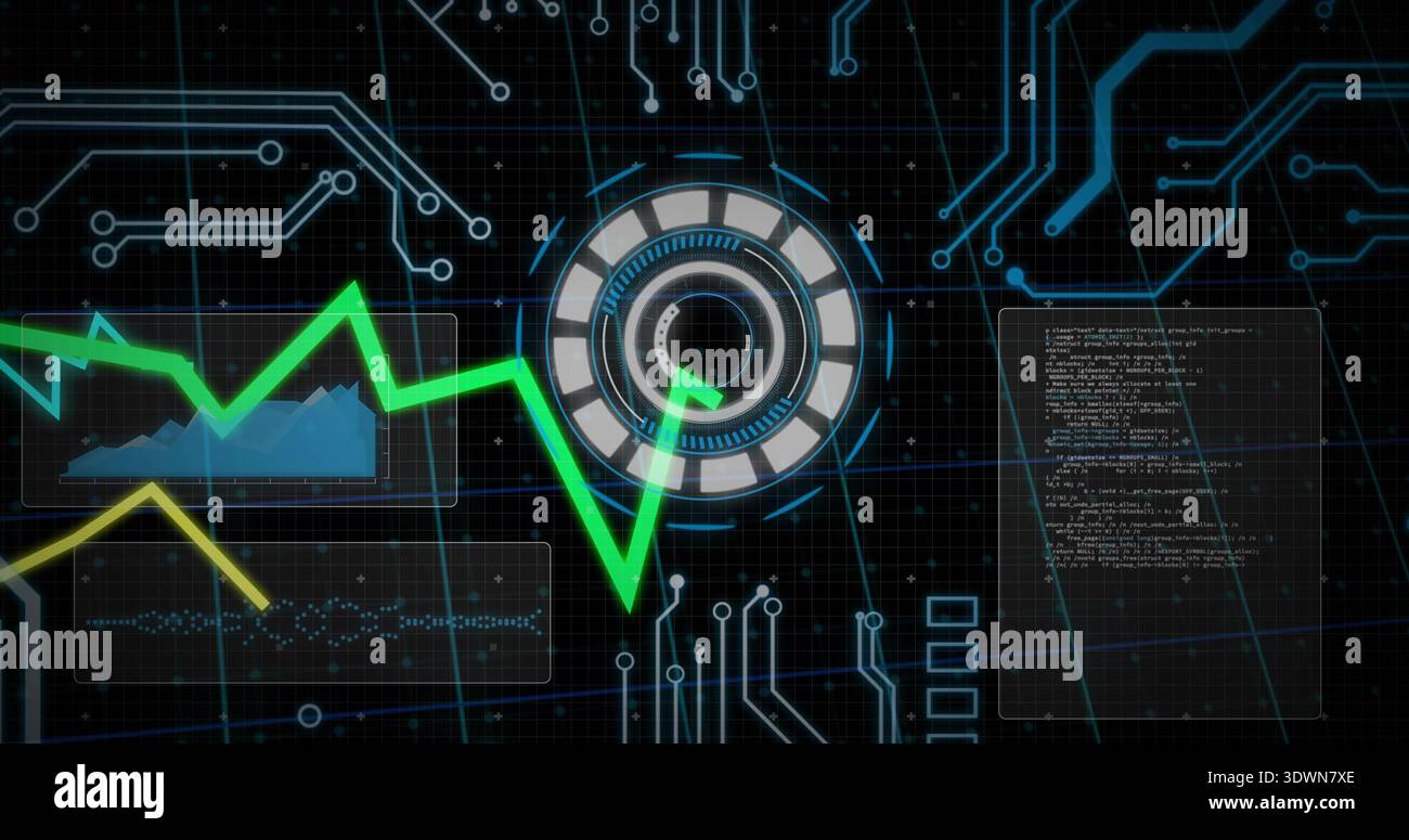 Displaying central circular HUD intersecting green trend line on virtual console, with blue chart Stock Photo