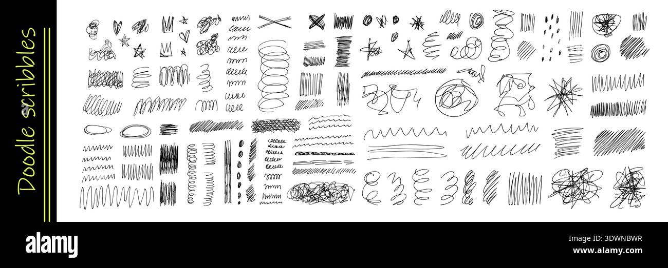 Hand-drawn pen scribbles and chaotic doodles create messy artistic strokes, circles, and squiggly lines with expressive marker textures for creative sketching projects Stock Vector