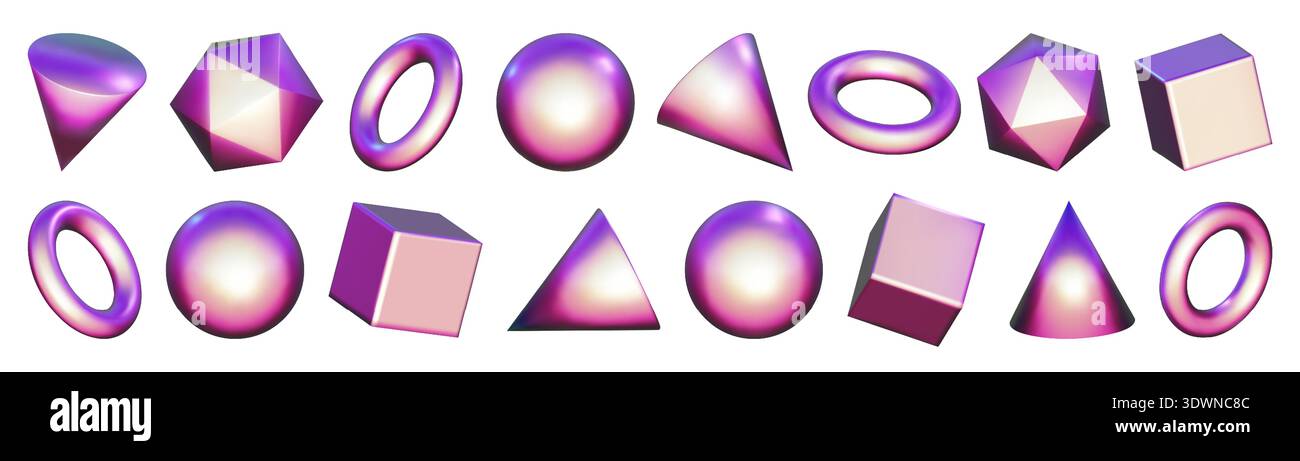 3D iridescent shapes, rectangular holographic element. Pink solid triangle pyramid, y2k square hexagon and circle ring. Abstract objects for purple Stock Vector