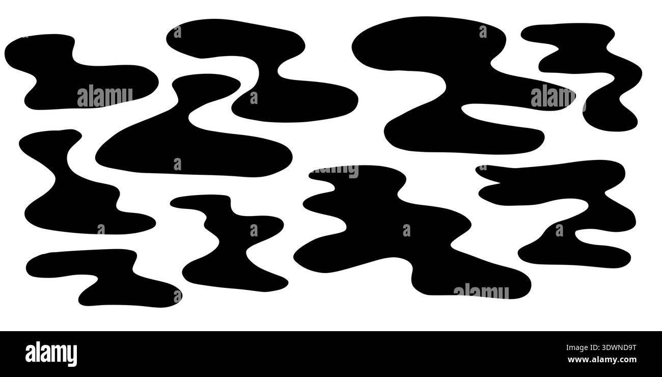 Black fluid puddle shapes with smooth wavy silhouettes and flowing liquid forms. Minimal vector splash set for backgrounds frames stains and modern Stock Vector