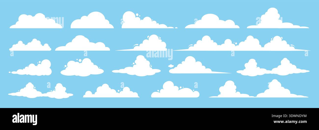 A set of vector cloud icons in white on a blue background. Elements for your design. Stock Vector