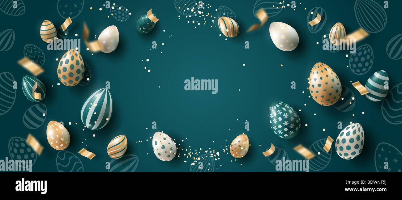 Festive Easter background with eggs and streamers on a dark blue background. Stock Vector