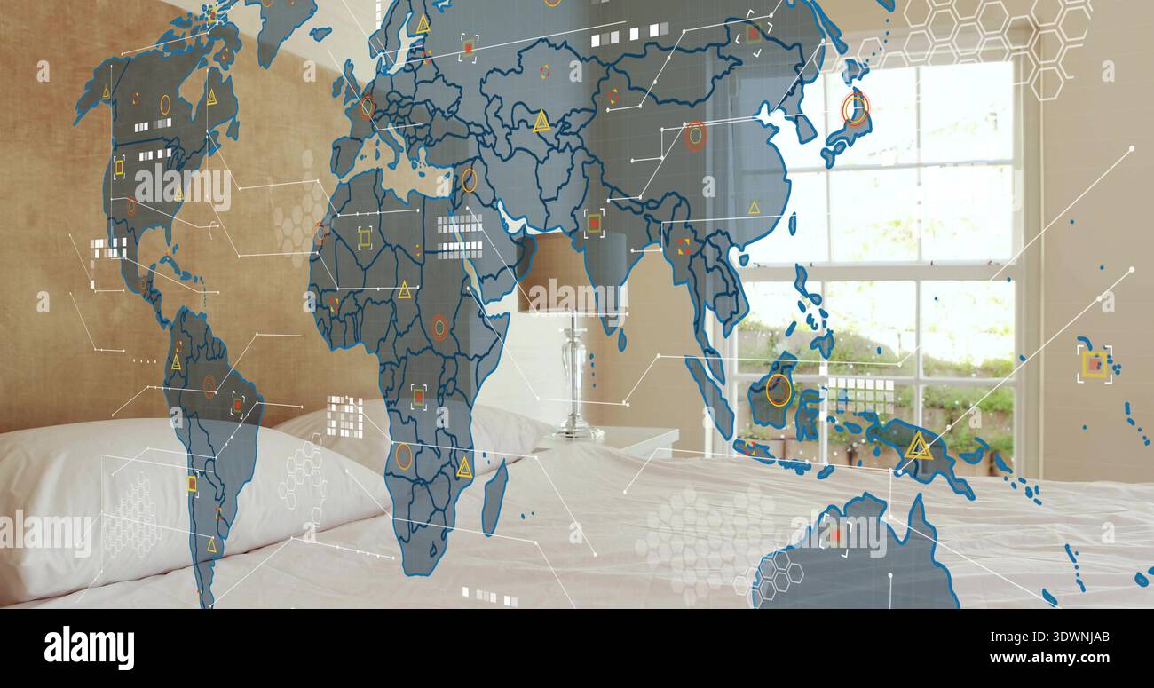 Projecting translucent digital world map overlay spanning bedroom, showing bed, lamp, window Stock Photo